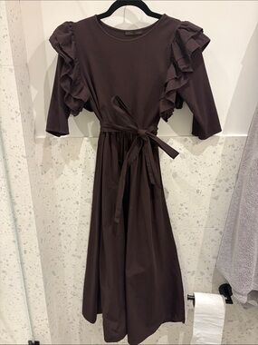 Zara Chocolate Brown Ruffle-Sleeve Midi Dress